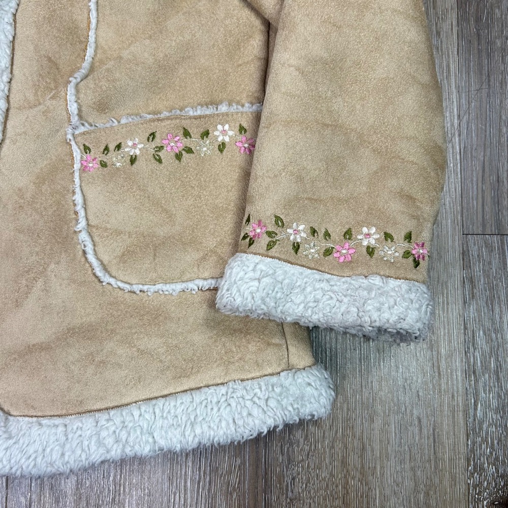 Girl's Hooded Penny Lane Coat Y2K Floral Embroidery Faux Suede Sherpa Lined Sz-6 - Picture 3 of 9